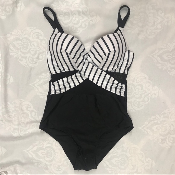 One-Piece Swimsuit Black White Striped - Picture 7 of 8